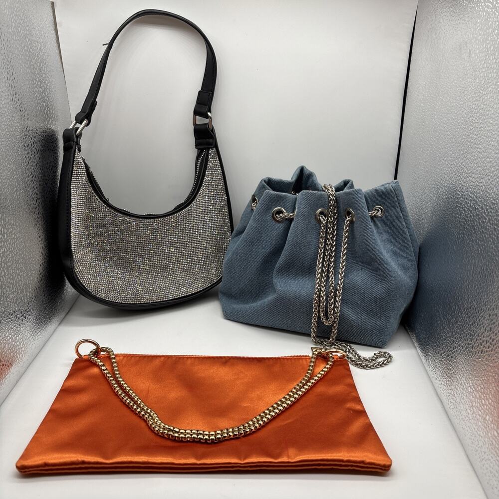 Lot of 3 Womens Fashion Handbags Rhinestone Shoulder Denim Bucket Satin Pouch